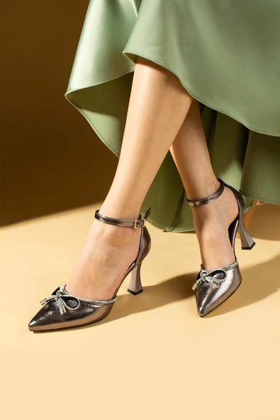 Pembe Potin Taşlı Fiyonk Bilek Bağlama Kadeh Topuklu Kadın Ayakkabı 018-52-24Cilt - Resim 8