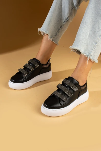 Pembe Potin 3 Bant Taşlı Yüksek Taban Comfort Kadın Sneaker 36-729-24SiyahBeyaz - 3
