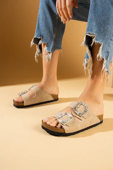 Pembe Potin Taş Tokalı Mantar Taban Comfort Kadın Terlik 011-108-24 - Resim 3