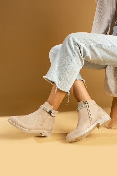 Pembe Potin Taş Aksesuarlı Fermuarlı Sıcak Astar Kadın Bot&Bootie 57-0101-23Süet - Resim 2