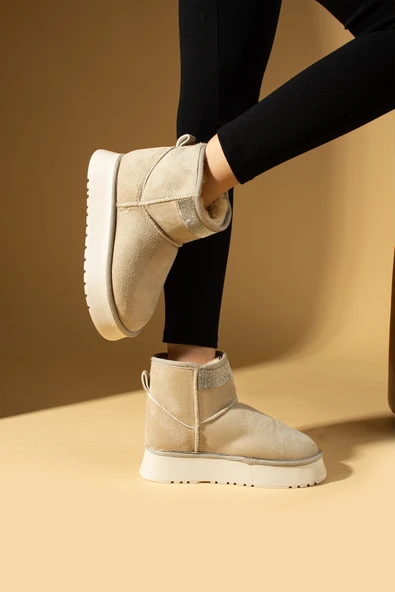 Pembe Potin Parlak Taşlı İçi Peluş Kalın Taban Mini Kadın Bot & Bootie 007-1995-23Süet - Resim 9