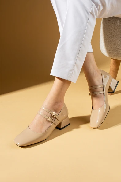 Pembe Potin Kalın Topuklu Küt Burunlu Çift Bantlı Kadın Topuklu Ayakkabı 001-266-24Rugan - Resim 9