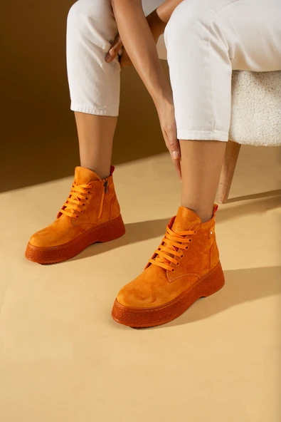 Pembe Potin Termo Kalın Taban Bağcıklı & Fermuarlı Kadın Bot 59-901-23Süet - Resim 4