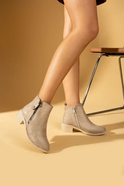 Pembe Potin Rahat Kalıp Bilek Boy Fermuarlı Kadın Bot 57-03-23Süet - Resim 8