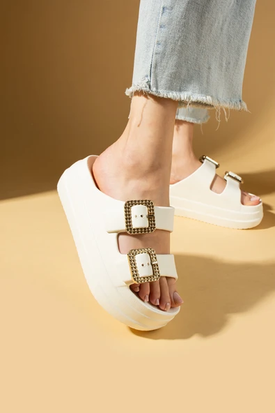 Pembe Potin Kalın Eva Taban Çift Ayarlanabilir Gold Tokalı Kadın Terlik 011-03-25 - Resim 5