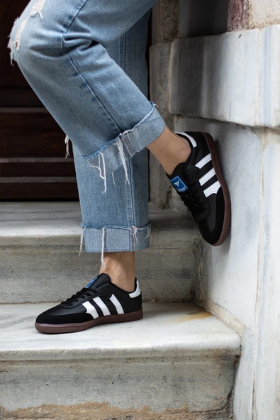 Pembe Potin Bağcıklı Comfort Taban 3 Şeritli Kadın Sneaker 001-1009-SiyahBeyaz - Resim 3