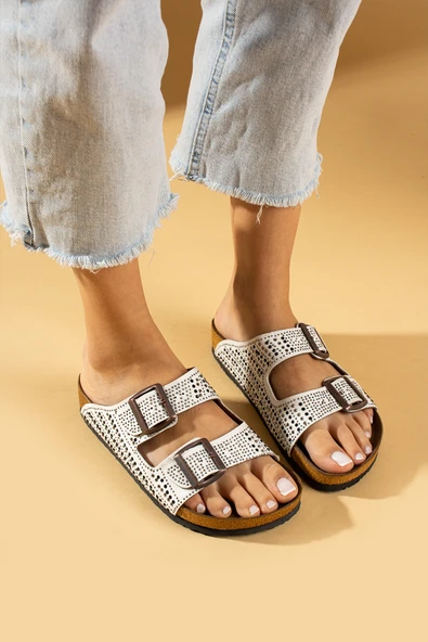 Pembe Potin Çift Tokalı Taş Detaylı Anatomik Taban Kadın Terlik 51-600-24 - Resim 2