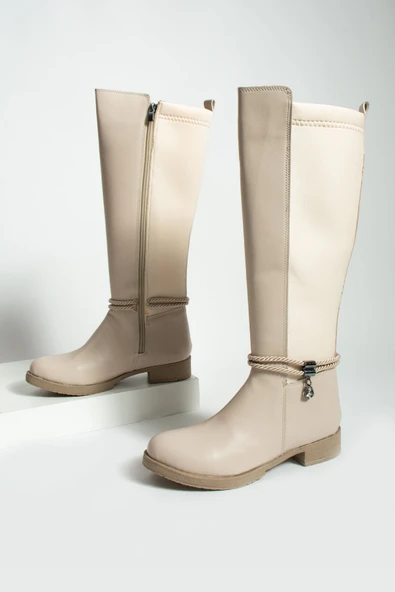 Pembe Potin Taşlı Diz Altı Esneyebilen Kumaşlı Streç Kadın Çizme 59-8893-23 - 8