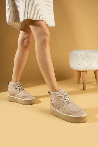 Pembe Potin Ultra Mini Platform Kürk Astarlı Kalın Taban Bağcıklı Kadın Bot 61-2001-23Süet - Resim 7