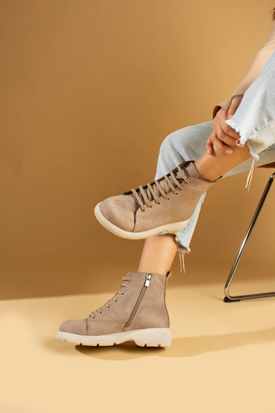 Pembe Potin Termo Taban Sıcak Astar Bağcıklı & Fermuarlı Kadın Bot 60-1014-23Süet - Resim 9