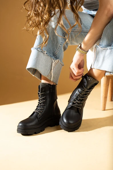 Pembe Potin Taş Detaylı Fermuar & Bağcık Sıcak Astar Kadın Bot 57-274-23 - Resim 7