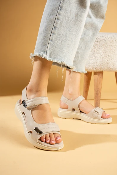 Pembe Potin Deri Görünümlü Comfort Taban Çift Bantlı Kadın Sandalet 59-78-24 - Resim 12