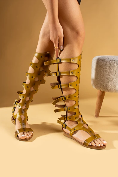 Pembe Potin Önü Açık Diz Altı Tokalı & Fermuarlı Kadın Sandalet 51-0401-24 - Resim 8