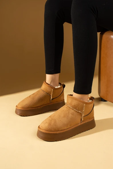 Pembe Potin İçi Yünlü Bilekte Rahat Kalıp Kalın Taban Mini Kadın Bot 007-1999-23Nubuk - Resim 3