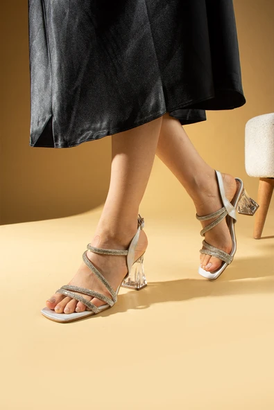 Pembe Potin Taş Detaylı Kare Burun Tokalı Şeffaf Topuklu Kadın Ayakkabı 018-714-24Saten - Resim 8