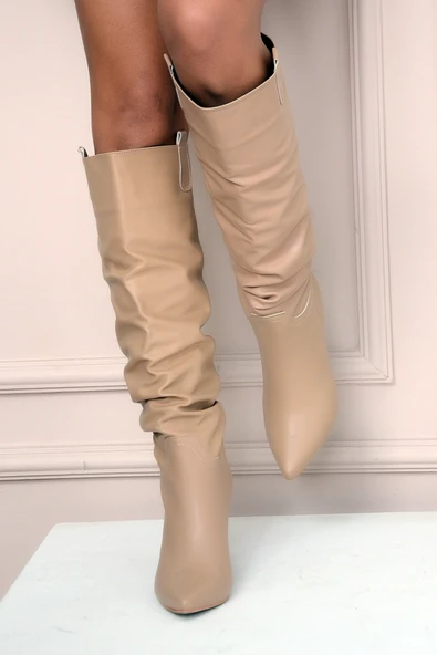 Pembe Potin Kadeh Topuk Büzgülü Moda Diz Altı Kadın Çizme 012-4001-22Cilt - 8