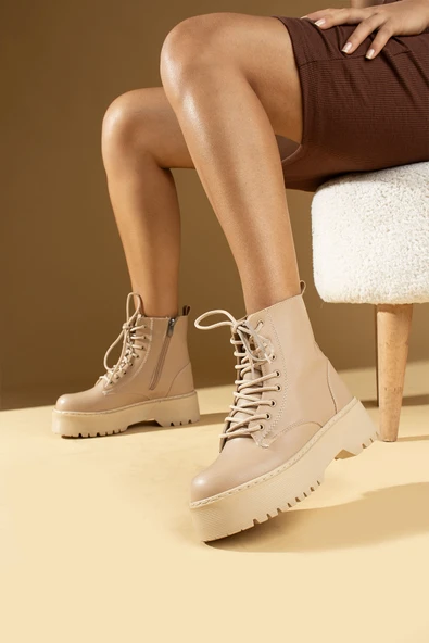 Pembe Potin Kaymaz Kalın Taban Sıcak Astar Fermuar & Bağcık Kadın Bot B01-33-23 - 3