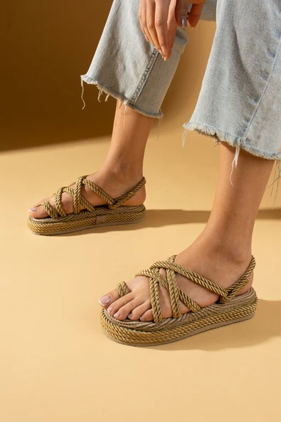 Pembe Potin Kalın Taban Parmak Arası Hasır Kadın Sandalet 30-13-24 - Resim 4