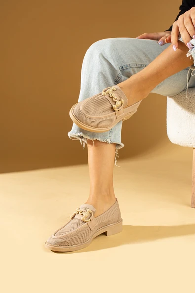 Pembe Potin Metal Tokalı Triko Rahat Kalıp Kadın Loafer 024-784-24 - 4