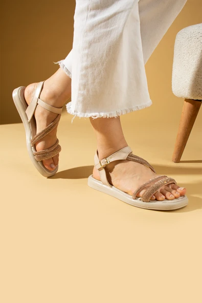 Pembe Potin Taş Detaylı Rahat Taban Tokalı Kadın Sandalet 57-287-24 - Resim 8