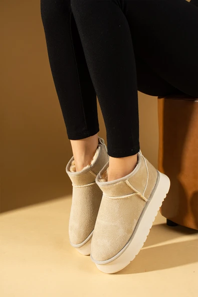 Pembe Potin İçi Yünlü Bilekte Rahat Kalıp Kalın Taban Mini Kadın Bot 007-1999-23Nubuk - Resim 7