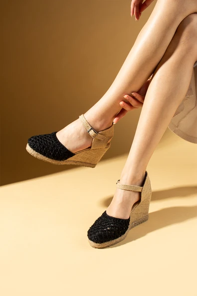 Pembe Potin Örgü Desenli Dolgu Topuklu Tokalı Kadın Sandalet 69-6969-25 - Resim 5