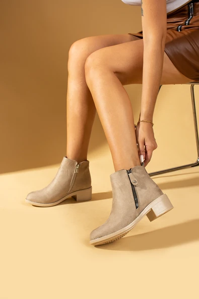 Pembe Potin Rahat Kalıp Bilek Boy Fermuarlı Kadın Bot 57-03-23Süet - Resim 2