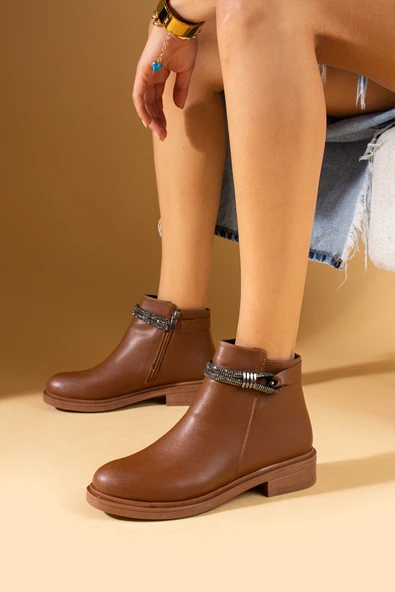 Pembe Potin Taş Aksesuarlı Fermuarlı Sıcak Astar Kadın Bot&Bootie 57-0101-23Cilt - Resim 2