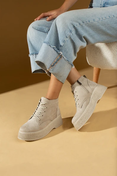 Pembe Potin Termo Kalın Taban Bağcıklı & Fermuarlı Kadın Bot 59-901-23Süet - Resim 5