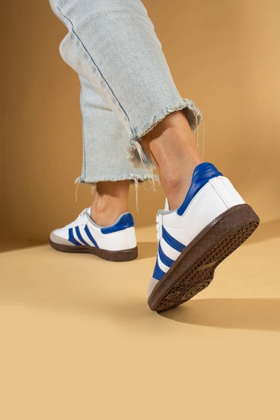 Pembe Potin Bağcıklı Comfort Taban 3 Şeritli Kadın Sneaker 001-1009-24BeyazMavi - Resim 3