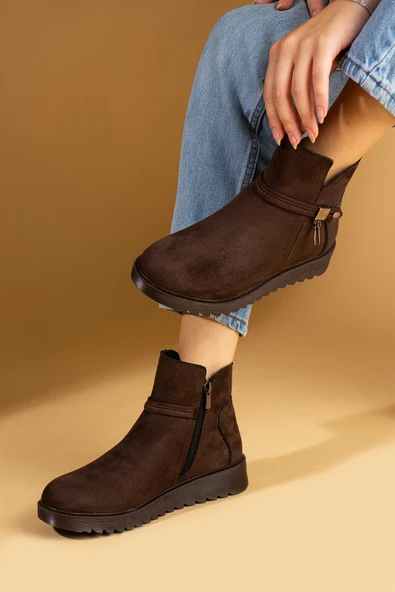 Pembe Potin Toka Detaylı Kauçuk Taban Fermuarlı Kadın Bot & Bootie 59-2003-23Süet - Resim 8