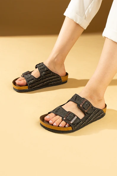 Pembe Potin Çift Tokalı Taş Detaylı Anatomik Taban Kadın Terlik 51-600-24 - Resim 10