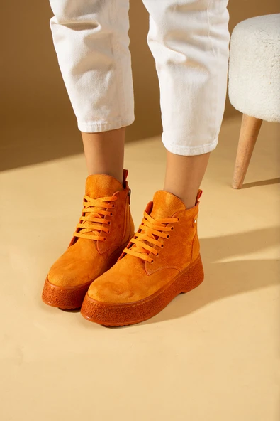 Pembe Potin Termo Kalın Taban Bağcıklı & Fermuarlı Kadın Bot 59-901-23Süet - Resim 10