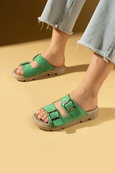 Pembe Potin Çift Ayarlanabilir Tokalı Önü Açık Kadın Terlik 020-729-25Süet - Resim 5