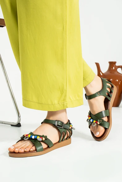 Pembe Potin Şık Aksesuarlı Çapraz Bant Bilekte Tokalı Bodrum Kadın Sandalet 51-195-23 - Resim 4