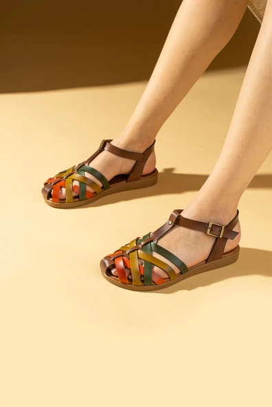 Pembe Potin Comfort Taban Tokalı Kadın Sandalet 51-825-24KahveHaki - 2