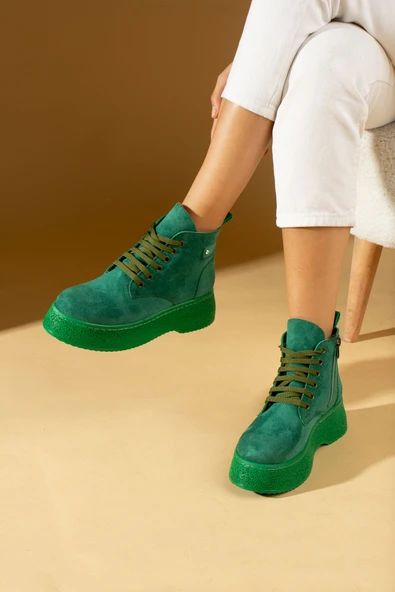 Pembe Potin Termo Kalın Taban Bağcıklı & Fermuarlı Kadın Bot 59-901-23Süet - Resim 3