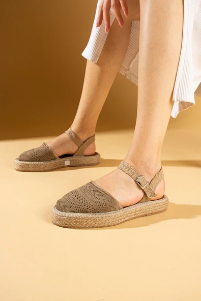 Pembe Potin Tokalı Hasır Desenli Comfort Taban Triko Kadın Sandalet 67-102-24 - Resim 4