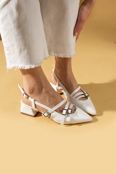 Pembe Potin Çift Toka Detaylı Arkası Açık Sivri Burun Kalın Topuklu Kadın Ayakkabı 53-54-24Rugan - Resim 5