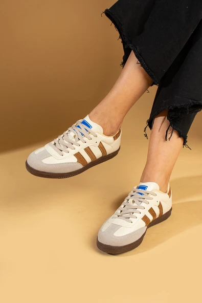 Pembe Potin Bağcıklı Comfort Taban 3 Şeritli Kadın Sneaker 001-1009-24BejKahve - 2