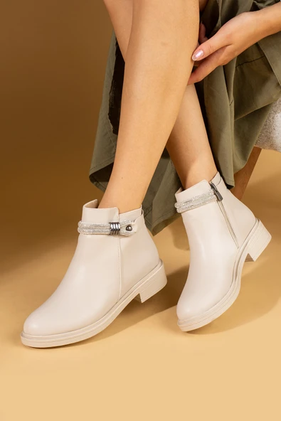 Pembe Potin Taş Aksesuarlı Fermuarlı Sıcak Astar Kadın Bot&Bootie 57-0101-23Cilt - Resim 7