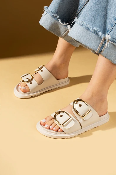 Pembe Potin Geniş Çift Gold Tokalı Rahat Kalıp Kadın Terlik 024-1001-25Cilt - Resim 9