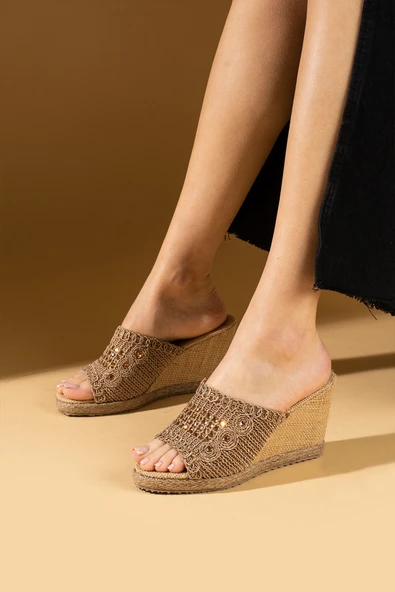 Pembe Potin Hasır Dolgu Topuklu Önü Açık Kadın Terlik 69-96-25 - Resim 12