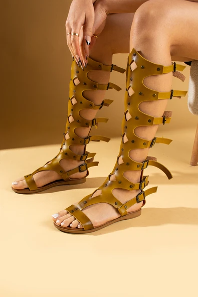 Pembe Potin Önü Açık Diz Altı Tokalı & Fermuarlı Kadın Sandalet 51-0401-24 - Resim 3