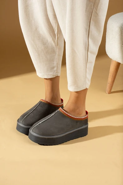 Pembe Potin Kalın Taban İçi Kürklü Kadın Ev Terliği 007-2000-23SüetUgg - 8