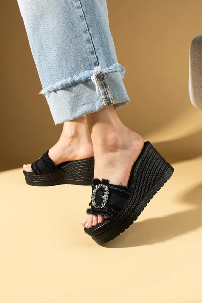 Pembe Potin Dolgu Topuklu Kumaş Bantlı Tokalı Kadın Terlik 59-98-25Keten - Resim 12