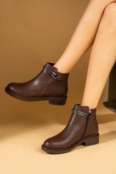 Pembe Potin Taş Aksesuarlı Fermuarlı Sıcak Astar Kadın Bot&Bootie 57-0101-23Cilt - Resim 12