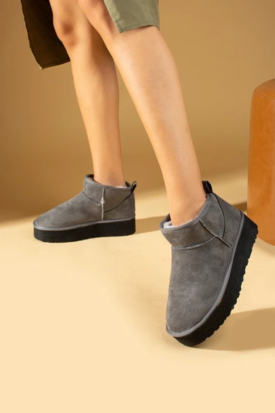 Pembe Potin İçi Yünlü Bilekte Rahat Kalıp Kalın Taban Mini Kadın Bot 007-1999-23Nubuk - Resim 4