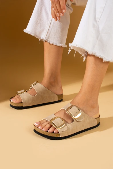 Pembe Potin Rahat Taban Çift Gold Tokalı Kadın Terlik 65-81-24 - Resim 3