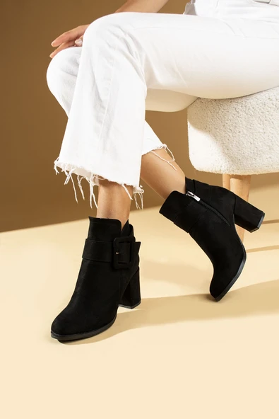 Pembe Potin Kalın Topuklu Toka Dataylı Fermuarlı Kadın Bot B01-170-Süet - Resim 5